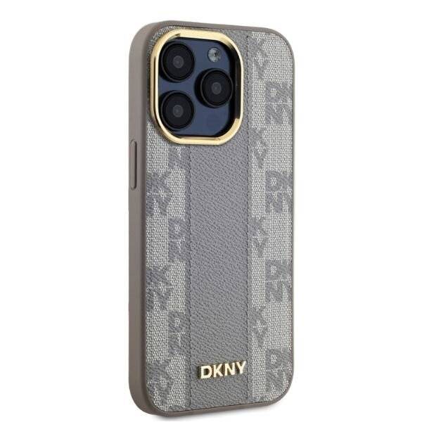 DKNY Leather Checkered Mono Pattern MagSafe-Hülle iPhone 15 Pro – Beige