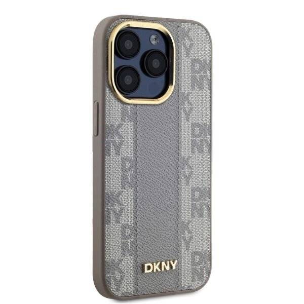DKNY Leather Checkered Mono Pattern MagSafe-Hülle iPhone 15 Pro – Beige