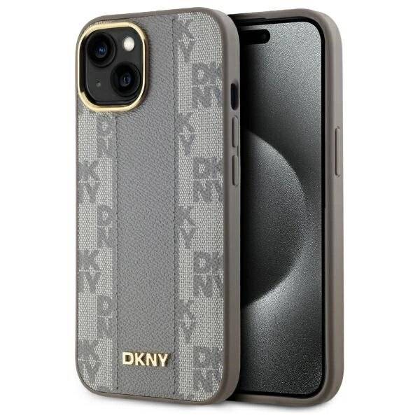 DKNY Leather Checkered Mono Pattern MagSafe-Hülle iPhone 15 Plus – Beige