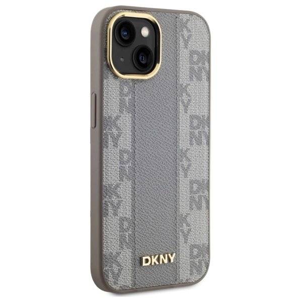 DKNY Leather Checkered Mono Pattern MagSafe-Hülle iPhone 15 Plus – Beige