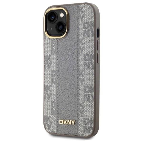 DKNY Leather Checkered Mono Pattern MagSafe-Hülle iPhone 15 Plus – Beige