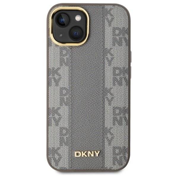 DKNY Leather Checkered Mono Pattern MagSafe-Hülle iPhone 15 Plus – Beige