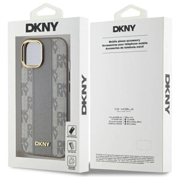 DKNY Leather Checkered Mono Pattern MagSafe-Hülle iPhone 15 Plus – Beige