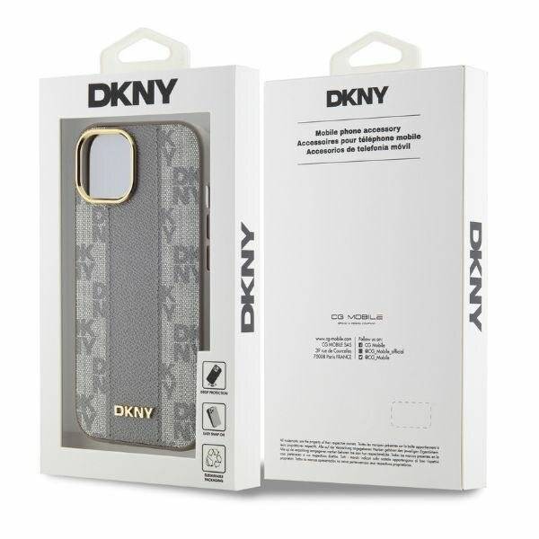 Ein DKNY-Mobiltelefon-Zubehörpaket mit einer grauen Handyhülle mit goldenem Rand und DKNY-Logo, präsentiert in einer weißen Schachtel.