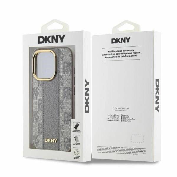 DKNY Leather Checkered Mono Pattern MagSafe-Hülle iPhone 15 Pro Max – Beige