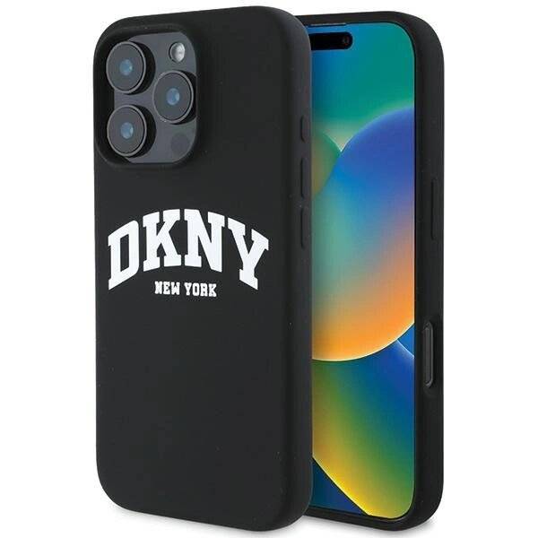DKNY Silikon-MagSafe-Hülle weißem bedrucktem Logo iPhone 16 Pro – Schwarz