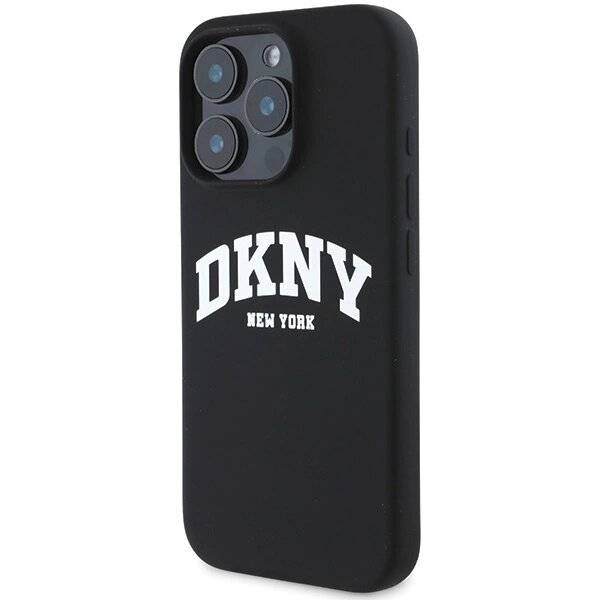 DKNY Silikon-MagSafe-Hülle weißem bedrucktem Logo iPhone 16 Pro – Schwarz