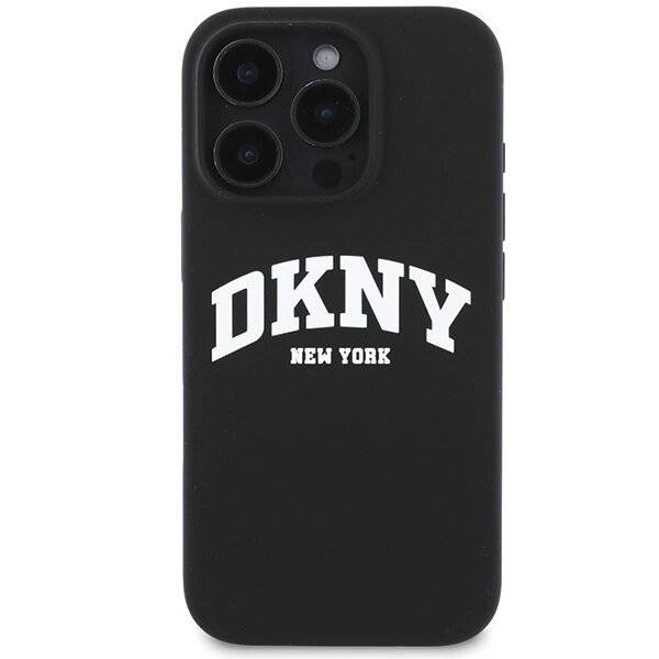 DKNY Silikon-MagSafe-Hülle weißem bedrucktem Logo iPhone 16 Pro – Schwarz
