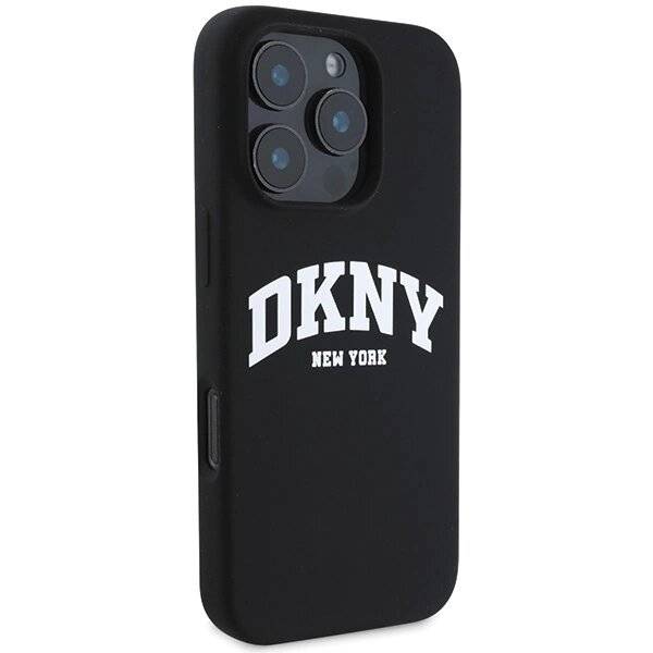 DKNY Silikon-MagSafe-Hülle weißem bedrucktem Logo iPhone 16 Pro Max – Schwarz