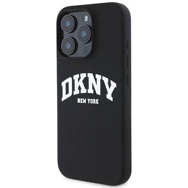DKNY Silikon-MagSafe-Hülle weißem bedrucktem Logo iPhone 16 Pro Max – Schwarz