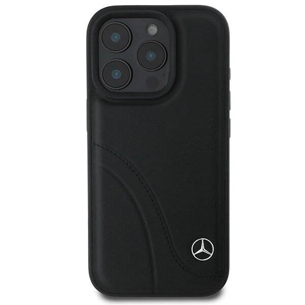 Mercedes MB Curved Stitches Lederhülle iPhone 16 Pro – Schwarz