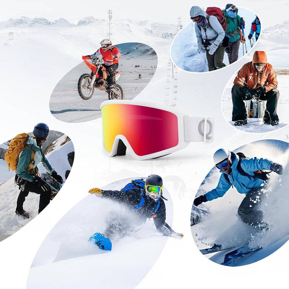 Eine Collage zeigt Skifahrer, Snowboarder, einen Radfahrer auf Schnee, Wanderer beim Klettern und ein Paar rote Skibrillen in der Mitte.