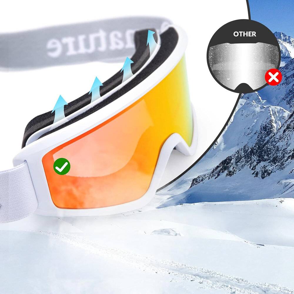 Skibrillen mit Anti-Beschlag-Funktion vor schneebedecktem Berghintergrund; das Design umfasst Schaumstoff-Belüftung zur Beschlagsprävention, gekennzeichnet mit einem Häkchen.