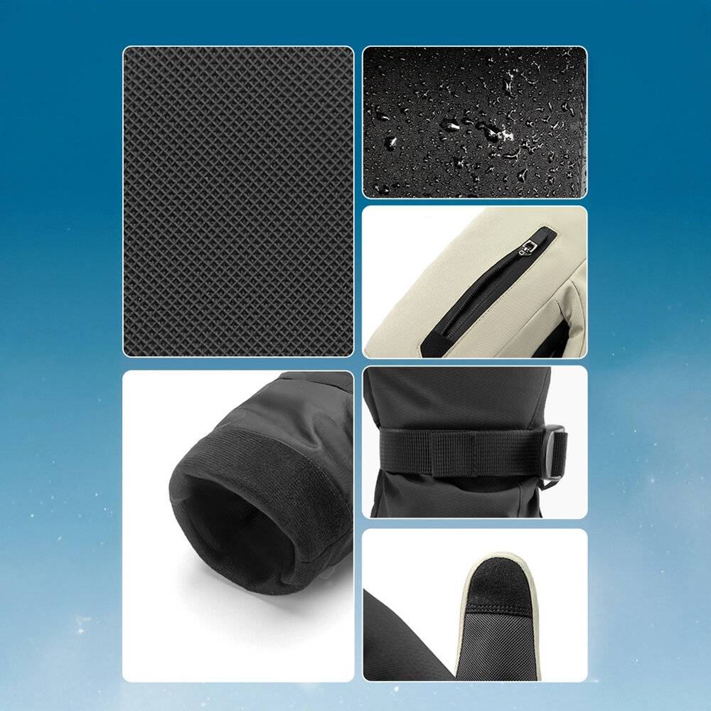 Collage mit Handschuhdetails: strukturierte Handfläche, wasserdichte Oberfläche, Reißverschluss, verstellbarer Riemen, Stulpe und Fingeröffnung auf blauem Hintergrund.