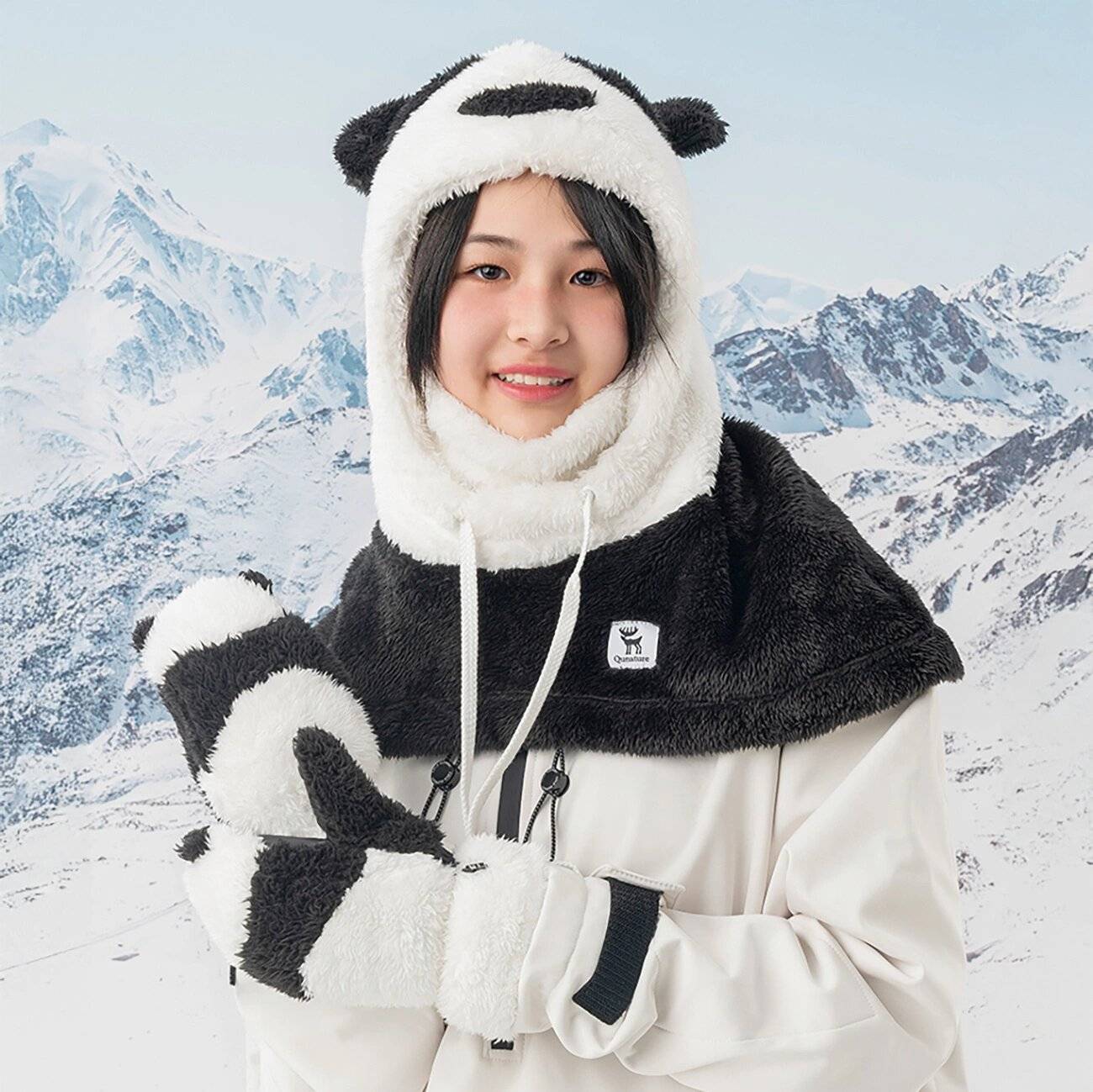 Qunature Panda Skihandschuhe Kinder Erwachsene, Größe S – Schwarz/Weiß