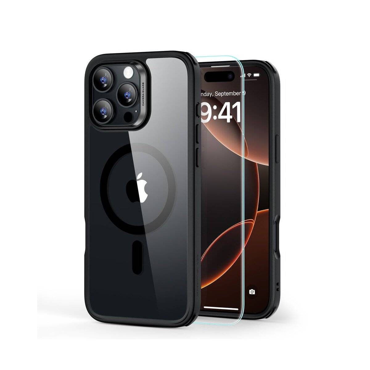 Ein Smartphone mit schwarzer Hülle mit transparenter Rückseite und kreisförmigem Design, neben einer Displayschutzfolie, die die Zeit 