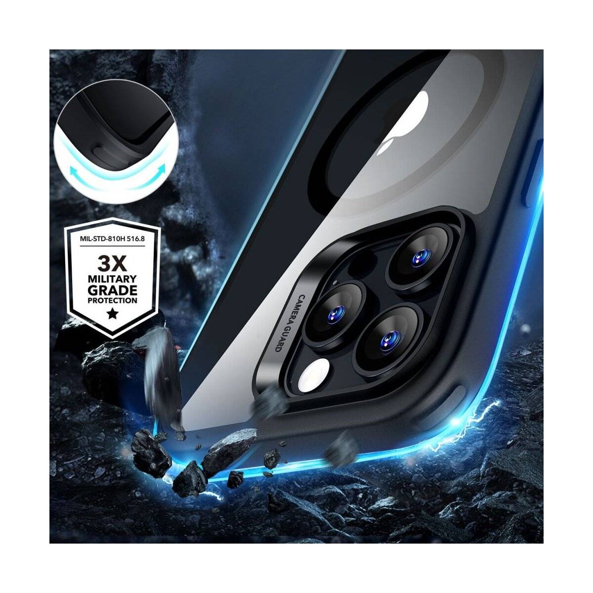 Ein Smartphone in einer robusten Schutzhülle mit leuchtend blauen Kanten, hervorgehobener Text liest: „MIL-STD-810H 516.8, 3X Schutz in Militärqualität