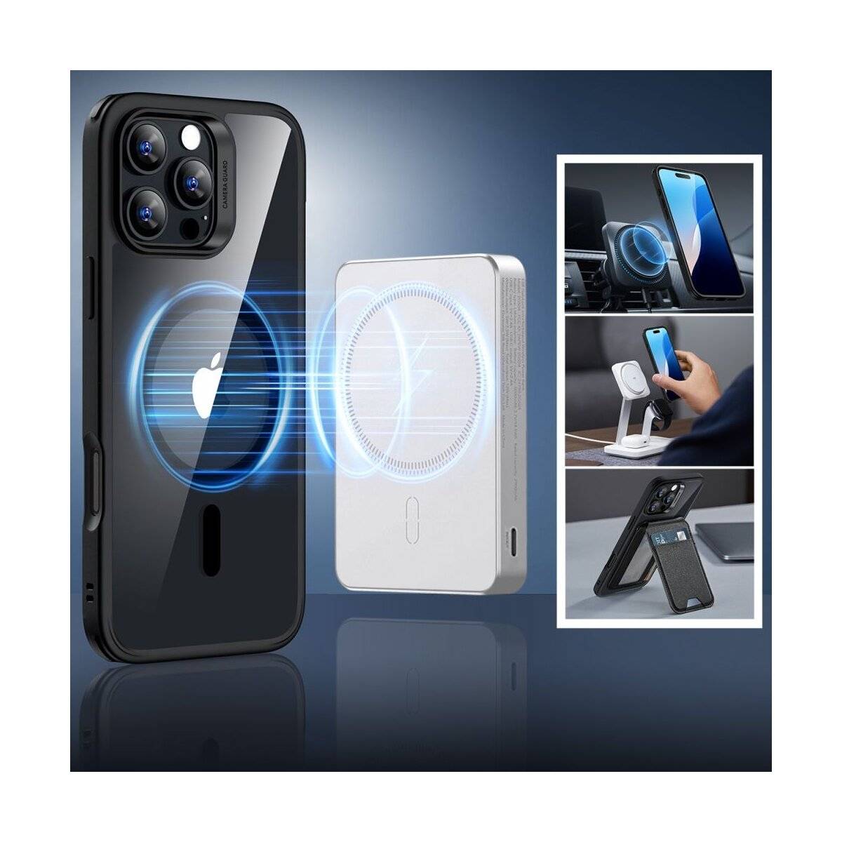 Diagramm einer magnetischen Telefonladegerät-Befestigung, das die Verwendung mit einem Smartphone zeigt. Enthält Ansichten von Ladepositionen und Winkeln.