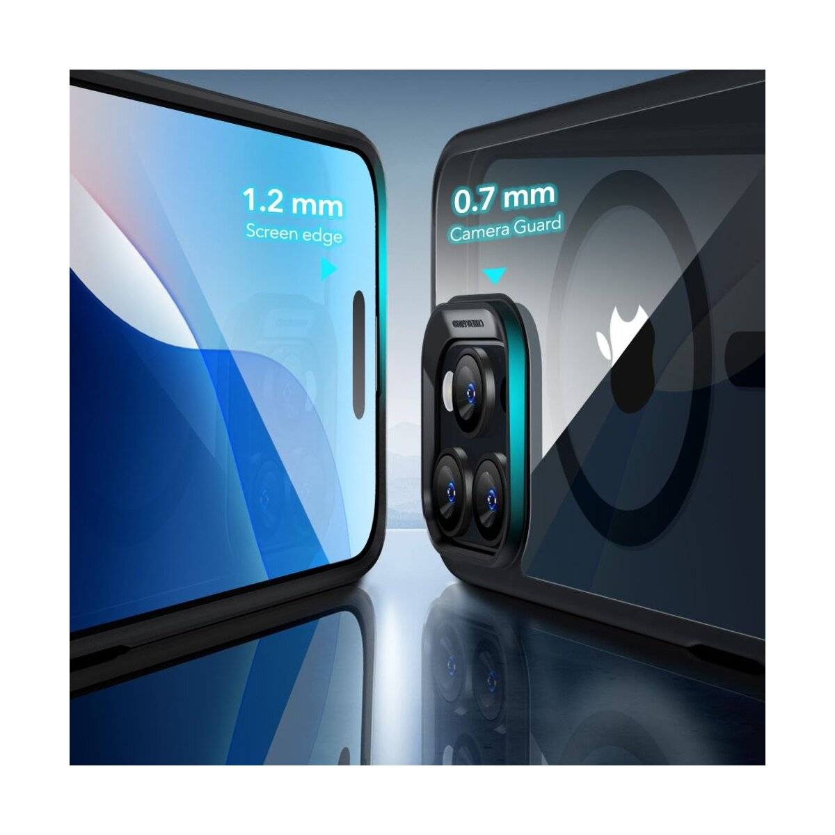 Telefonbildschirm mit 1,2 mm Kante und 0,7 mm Kameraschutz. Text wird angezeigt. Zeigt Nahaufnahme der Smartphone-Vorderseite und Rückseite mit Betonung des Designs.