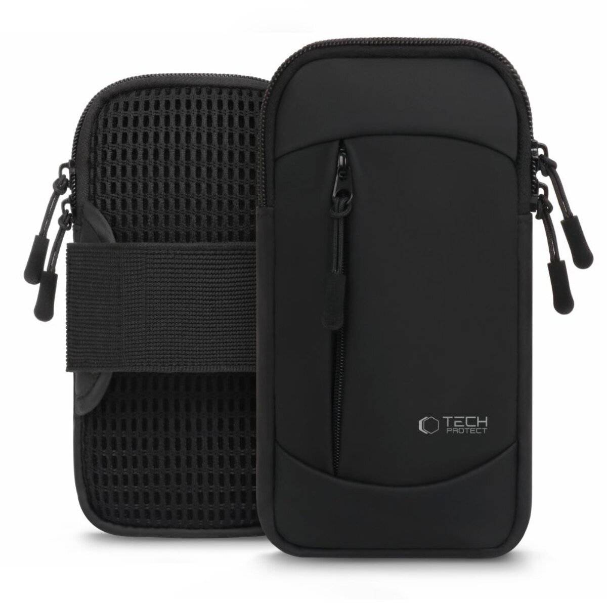 Vorder- und Rückansicht einer schwarzen Tech-Zubehörtasche mit Reißverschlusstasche und Netzpanel. Logo „Tech Protect