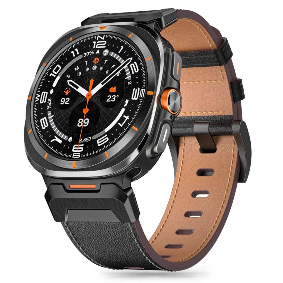 Eine intelligente Uhr mit einem schwarzbraunen Lederarmband zeigt Gesundheitsmetriken an, einschließlich Schritte und Herzfrequenz, auf einem digitalen Zifferblatt.
