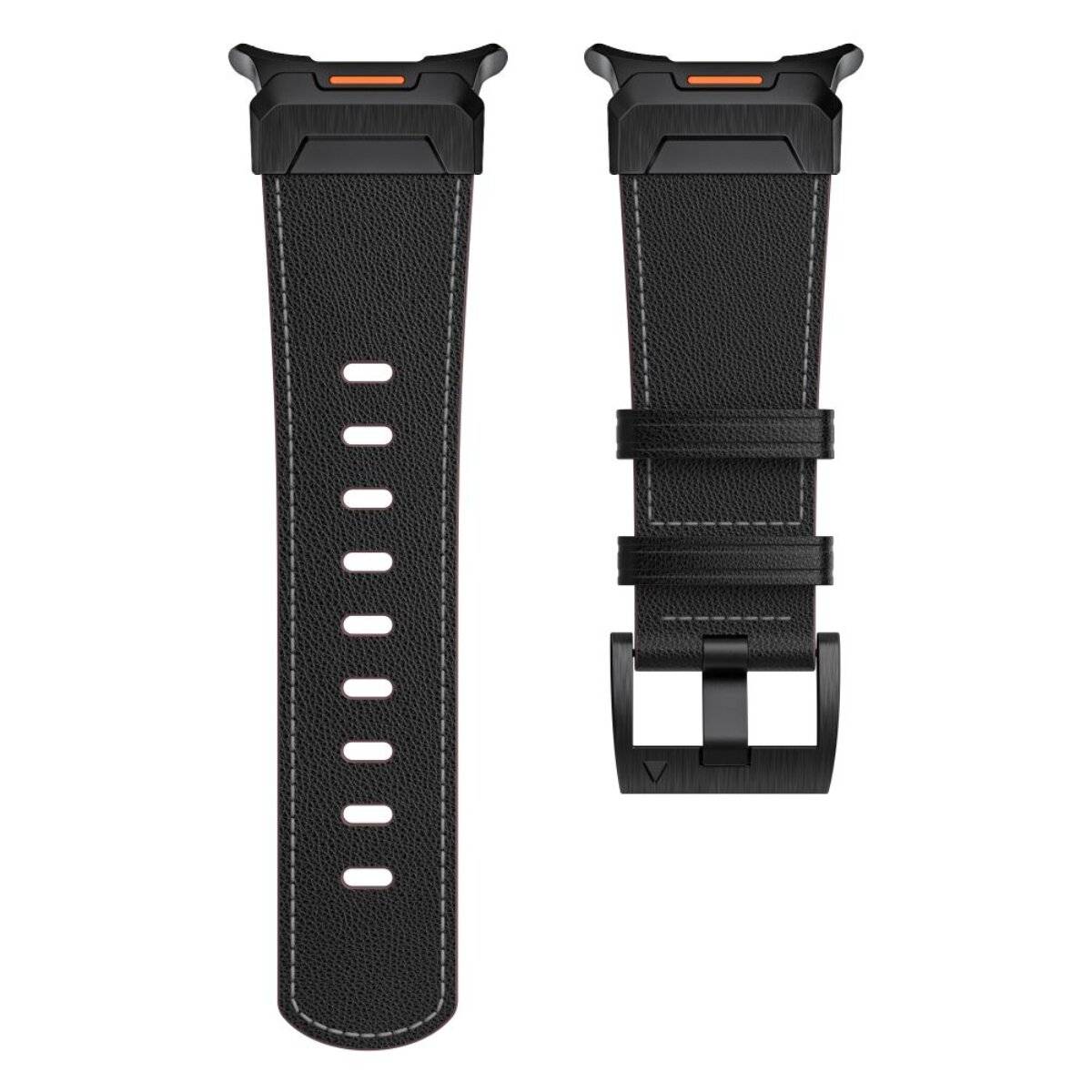 Ein schwarzes Lederarmband für Smartwatch mit orangefarbener Akzentuierung, von vorne und hinten gezeigt. Es verfügt über mehrere Verstelllöcher und eine schwarze Schnalle.