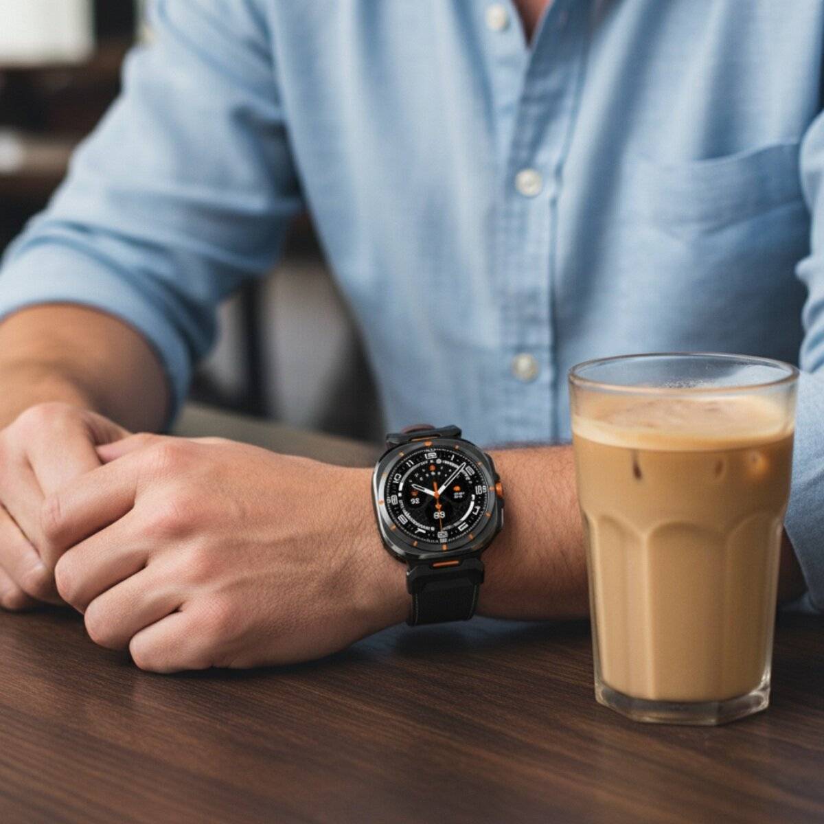 Der Arm einer Person mit einer schwarzen Uhr ruht auf einem Tisch neben einem Glas Eiskaffee und deutet auf einen Moment der Entspannung hin.