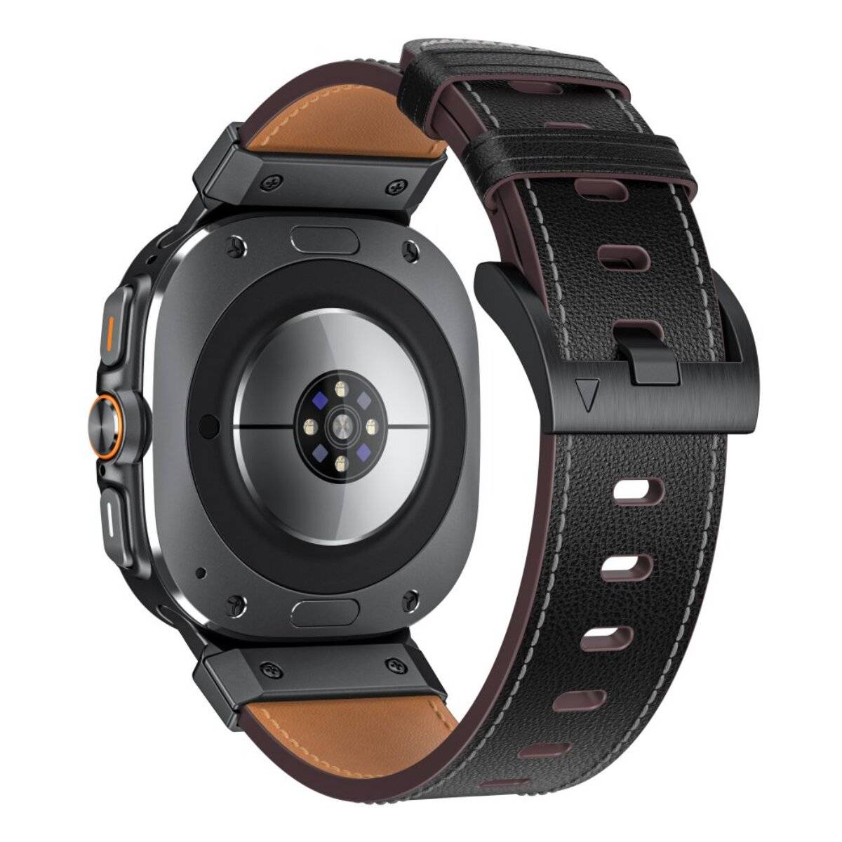 Smartwatch mit schwarzem und braunem Lederarmband, ausgestattet mit einem Herzfrequenzsensor und mehreren Tasten, konzipiert für Fitness-Tracking.