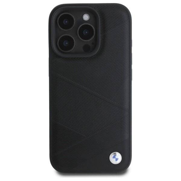 BMW Sign Leather Crossing Lines Pattern Hülle iPhone 16 Pro Max – Schwarz