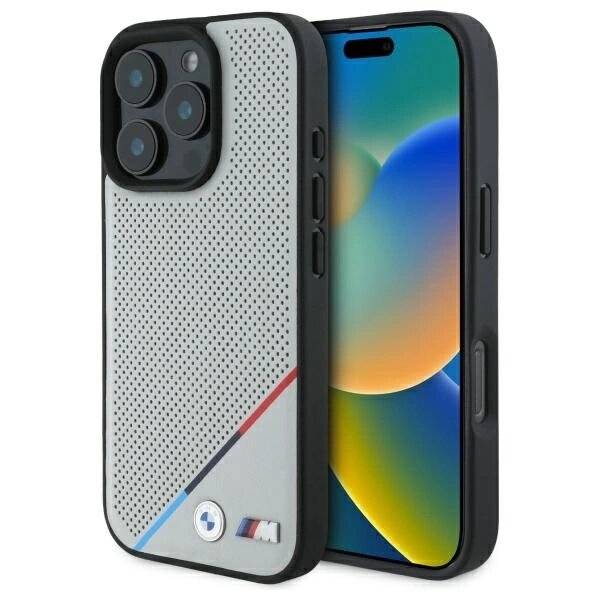 BMW M Perforated Tricolor Line MagSafe Hülle iPhone 16 Pro Max – grau
