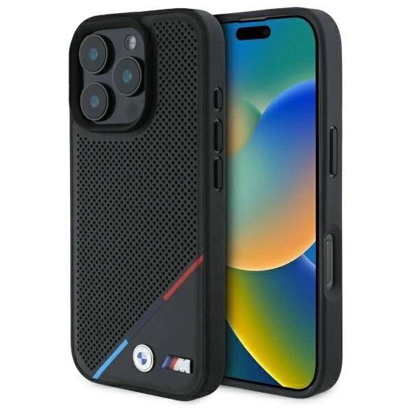 BMW M Perforated Tricolor Line MagSafe Hülle iPhone 16 Pro Max – Schwarz