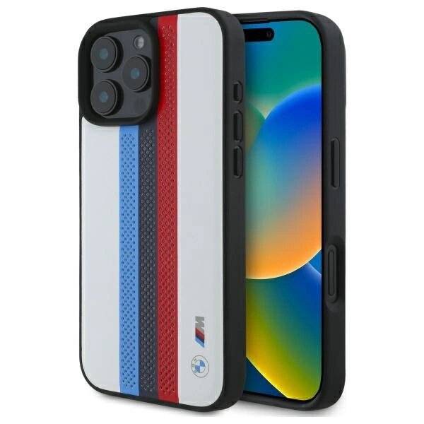 BMW M Performance Tricolor bedruckte Streifen MagSafeMagSafe Hülle iPhone 16 Pro Max – Weiß