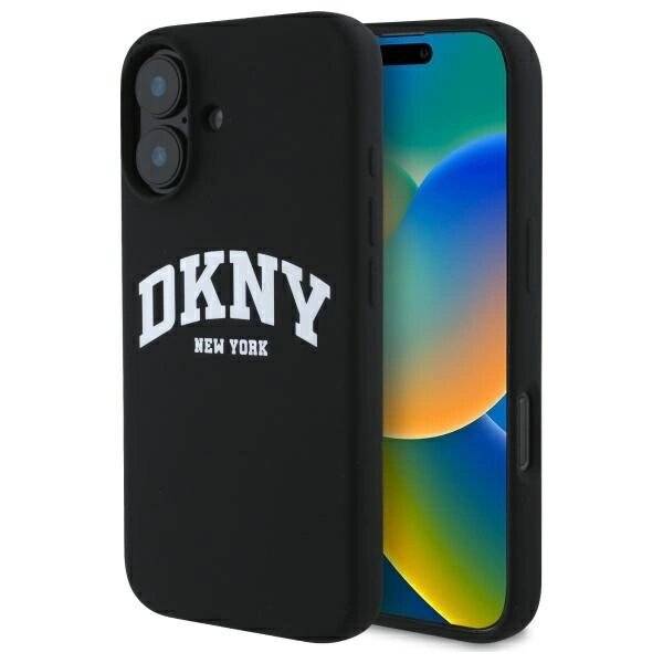 DKNY Silikon-MagSafe-Hülle weißem bedrucktem Logo iPhone 16 – Schwarz