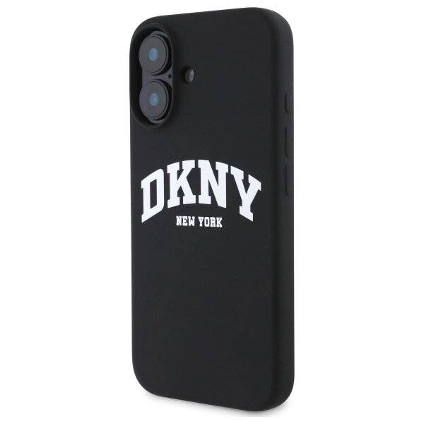 DKNY Silikon-MagSafe-Hülle weißem bedrucktem Logo iPhone 16 – Schwarz