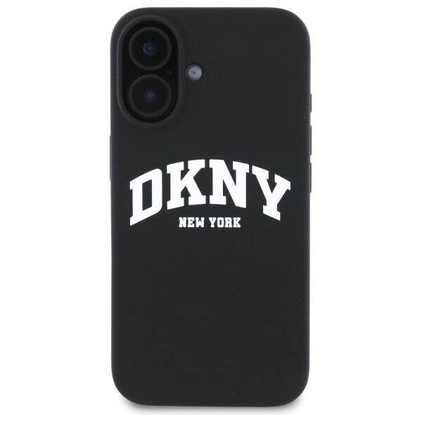 DKNY Silikon-MagSafe-Hülle weißem bedrucktem Logo iPhone 16 – Schwarz