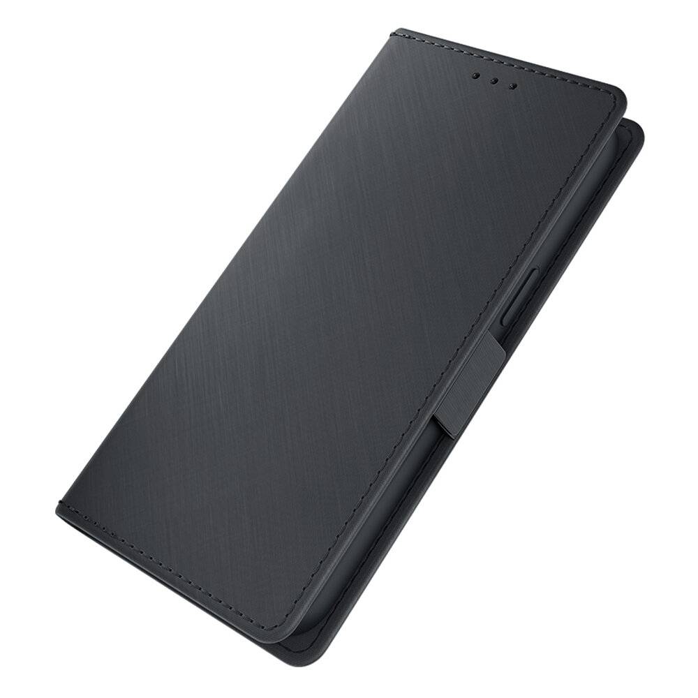 Schwarze Handyhülle mit schlankem, strukturiertem Design, geschlossen. Sie wirkt robust und ist so konzipiert, dass sie Smartphones effizient schützt.