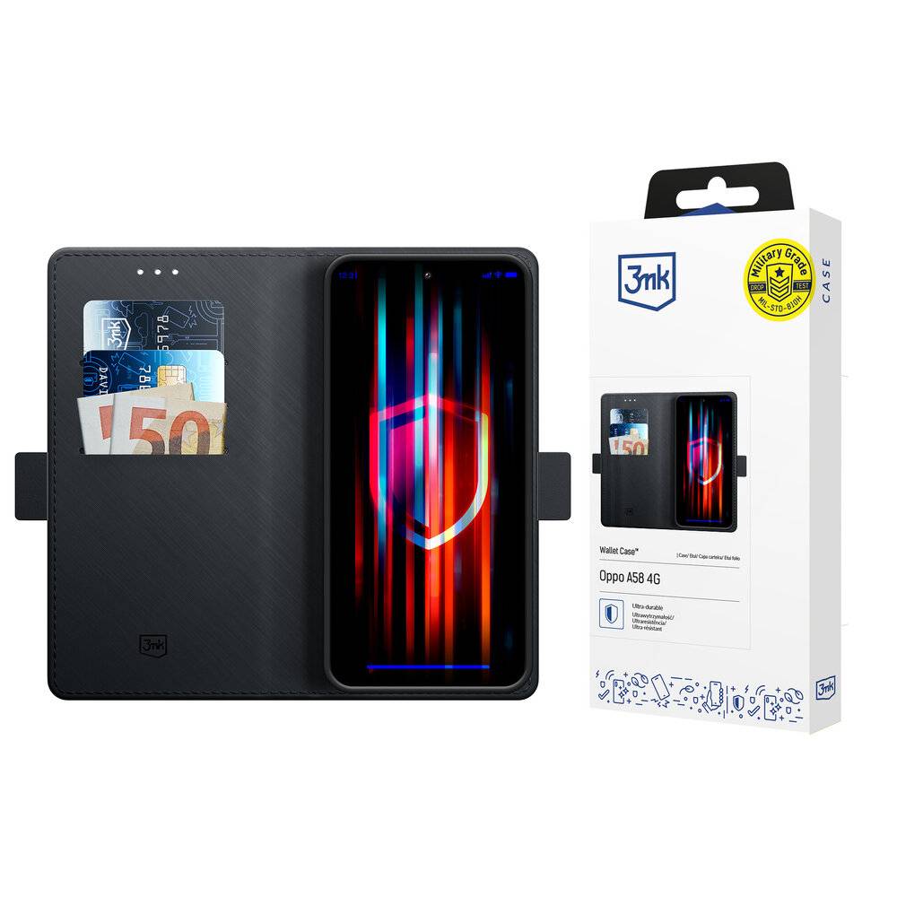 Ein Smartphone-Brieftaschenschutzhülle für Oppo A5 4G wird angezeigt und zeigt Fächer für Karten und Bargeld. Die Verpackungsbox hebt die Schutzmerkmale hervor.