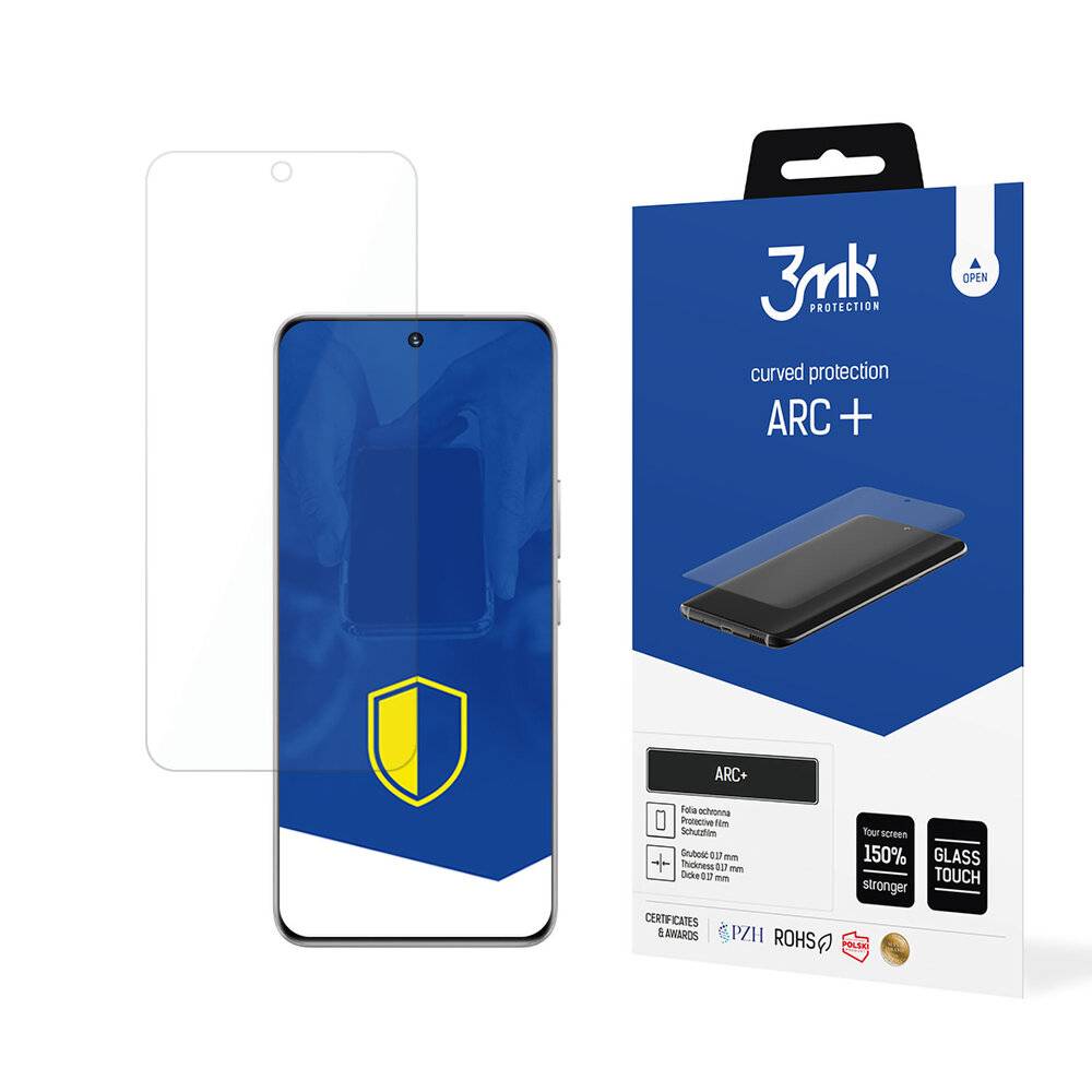Displayschutzfolie für Smartphone mit Verpackung mit der Bezeichnung '3mk Protection ARC+'. Die Verpackung hebt 'Curved Protection' und '150% Stärker' hervor.