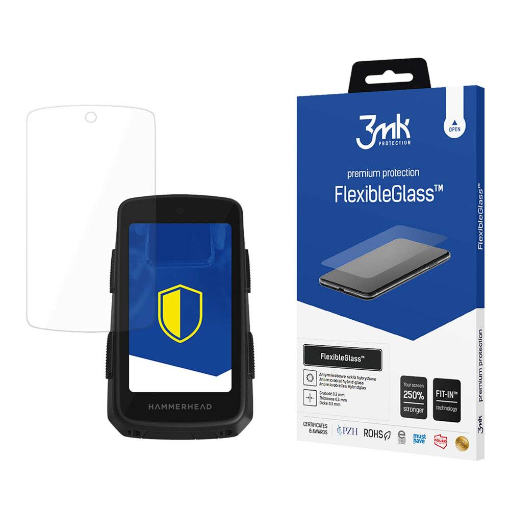 3mk Protection FlexibleGlass' Displayschutz-Verpackung und Produkt. Die Verpackung hebt die Funktionen hervor: 250% härter, 0,2mm dünn, passt auf das Modell Hammerhead.