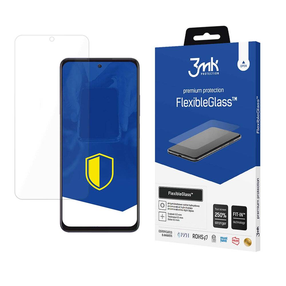 Ein Smartphone-Bildschirm mit einem flexiblen Glassschutzfolienprodukt in der Nähe und seiner Verpackungsschachtel mit der Bezeichnung „FlexibleGlass™ Premium Protection