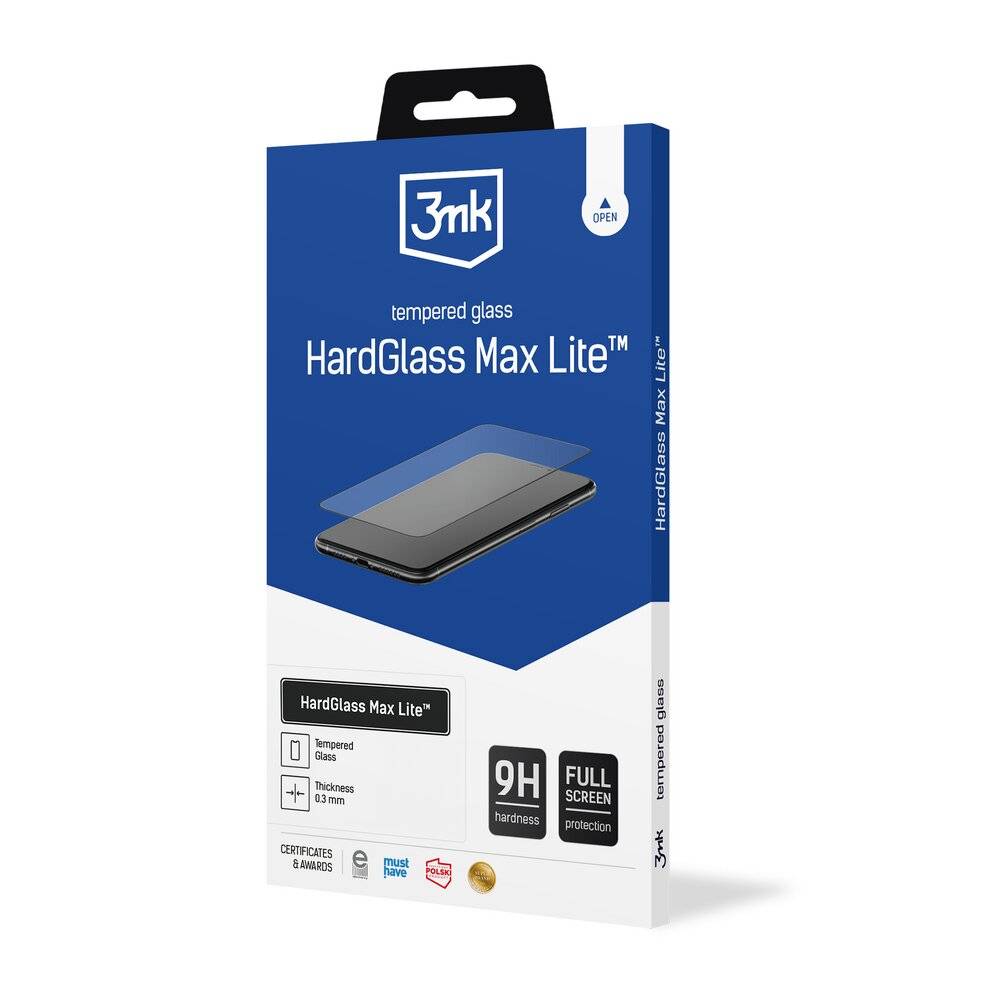 3mk HardGlass Max Lite' Displayschutzfolien-Verpackung mit Produktabbildung auf der Box, hervorhebend 9H-Härte, vollständiger Displayschutz, 3,4 mm Dicke.