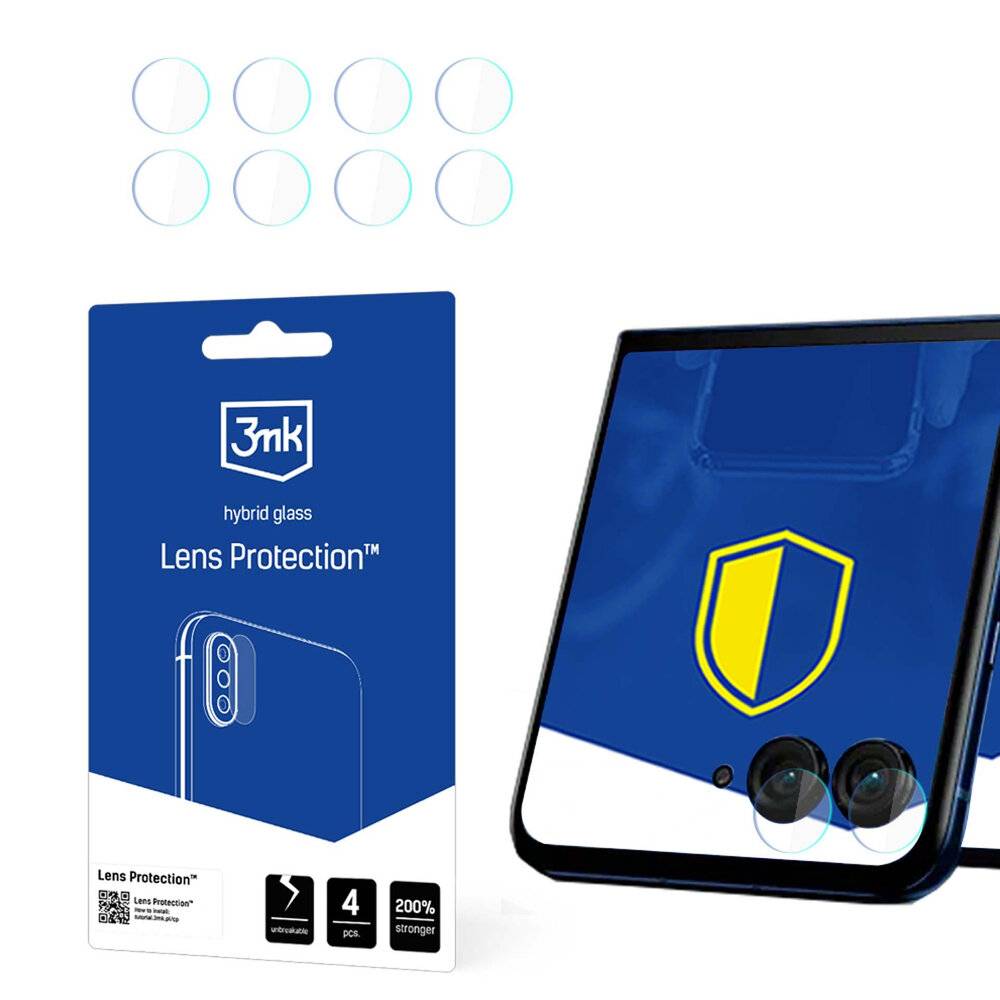 Telefonlinsen-Schutzkit mit Verpackung und Schutzabdeckungen für Kameraobjektive. Enthält vier Linsenprotektor, die Haltbarkeit zeigen.