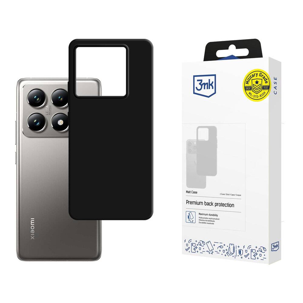 Ein Smartphone mit vier Kameras neben seinem schwarzen Schutzgehäuse. Daneben befindet sich die Verpackung für das Gehäuse mit Etiketten, die Premium-Schutz hervorheben.