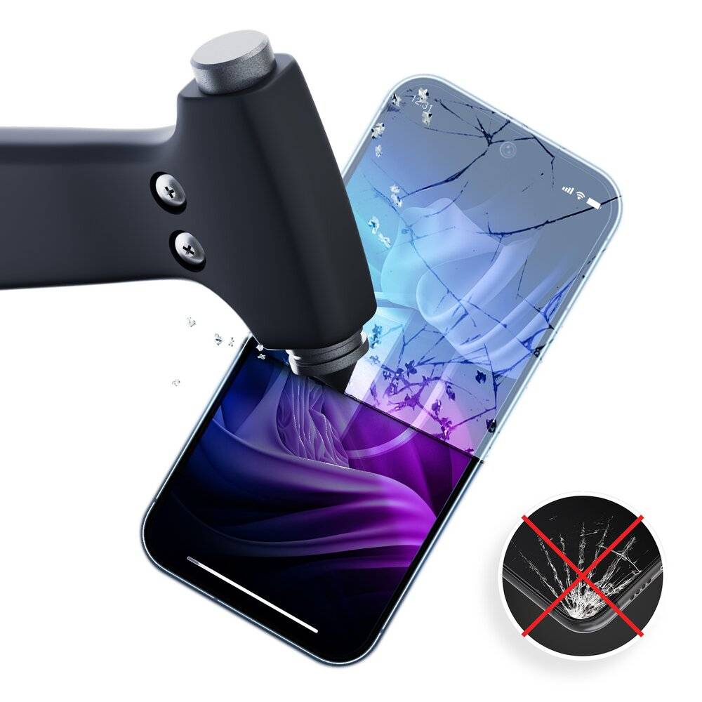 Ein Metallwerkzeug prallt auf ein Smartphone, wodurch der Bildschirm bricht, mit einem „Nicht verwenden