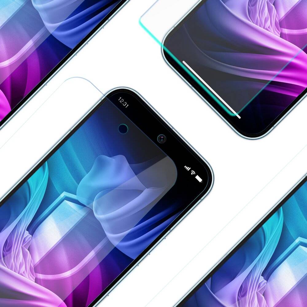 Mehrere Smartphones mit farbenfrohen, abstrakten Bildschirmen sind in einem dynamischen Layout angeordnet und zeigen lebendiges Design und Technologiefokus.
