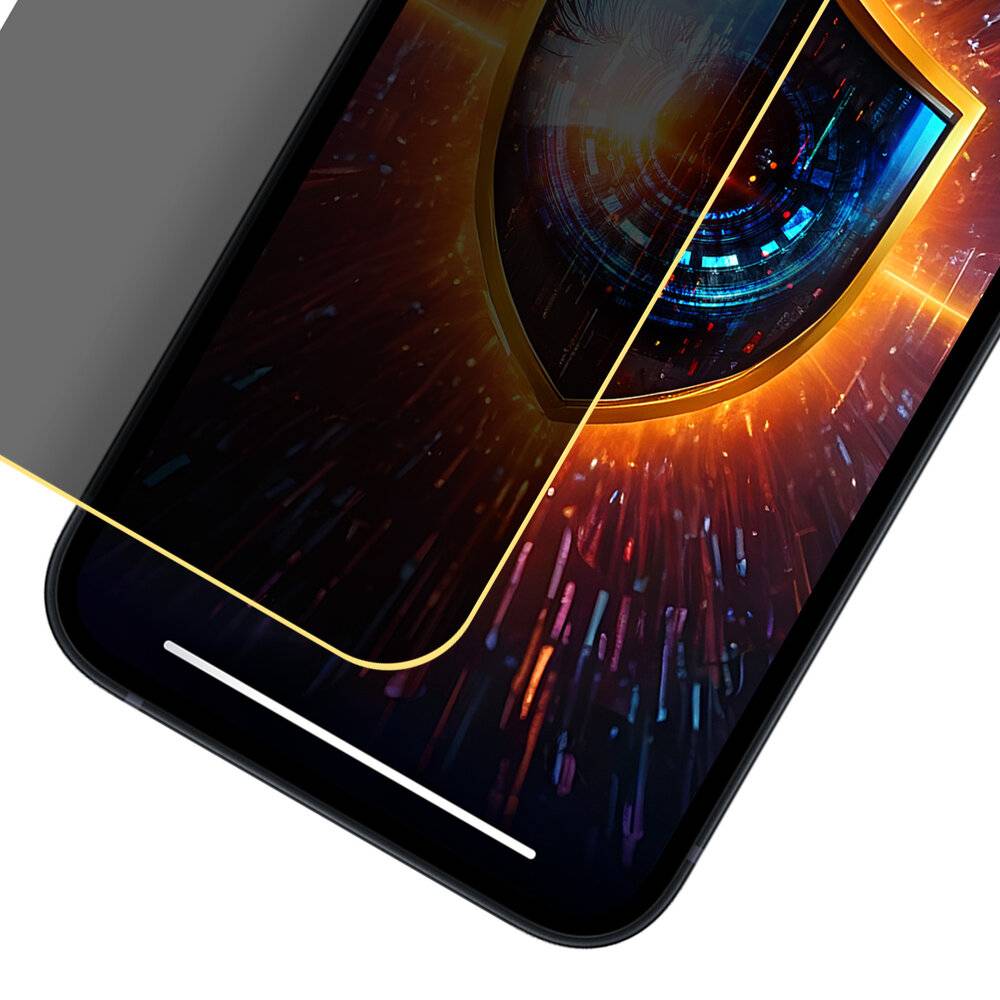 Ein Smartphone mit einem digitalen Auge und technischen Grafiken auf dem Bildschirm, das Sicherheit oder Cybersicherheit symbolisiert.