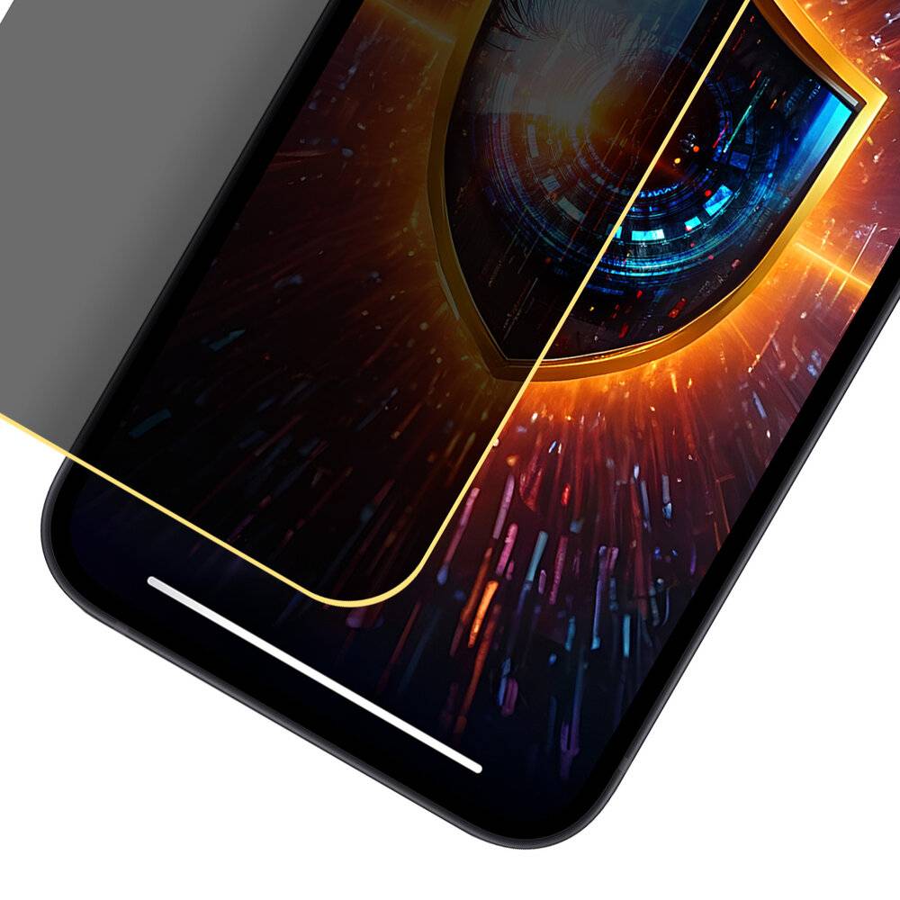 Ein Smartphone mit einem digitalen, futuristischen Augendesign auf dem Bildschirm, teilweise bedeckt von einer gekrümmten, transparenten Displayschutzfolie.