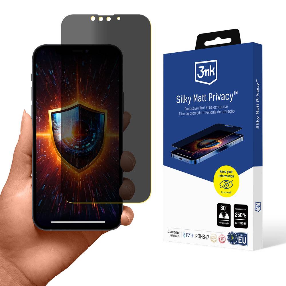 Eine Hand hält ein Smartphone mit einer Schild-Grafik auf dem Bildschirm. Daneben befindet sich die Verpackung von 3mk's Silky Matt Privacy Displayschutzfolie.