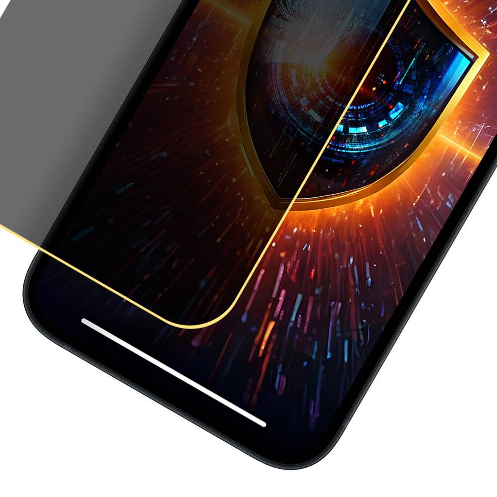 Smartphone mit Schutzschicht-Overlay, das digitales Auge und Schaltkreisdesign anzeigt, das Cybersicherheit und Technologieintegration symbolisiert.