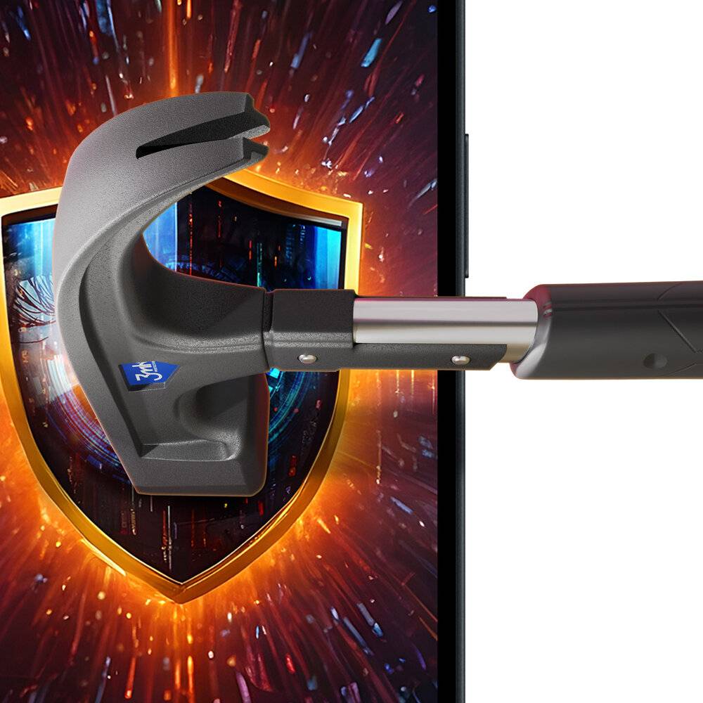 Ein Hammer, der auf einen Smartphone-Bildschirm schlägt, auf dem ein leuchtendes Schutzschild angezeigt wird, das mobile Cybersicherheit darstellt.